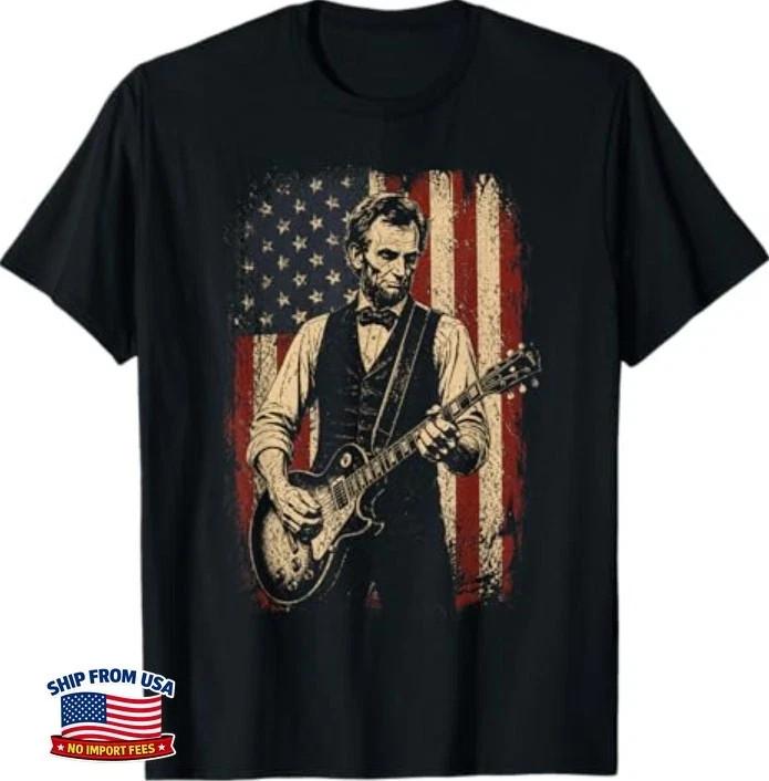 Vintage Abraham Lincoln Abe Lincoln Playing Guitar USA Flag T-Shirt