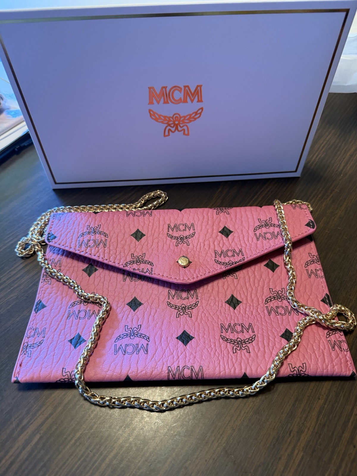 MCM Pink Envelope Logo Pouch Snap Closure Cert Of authenticity Included