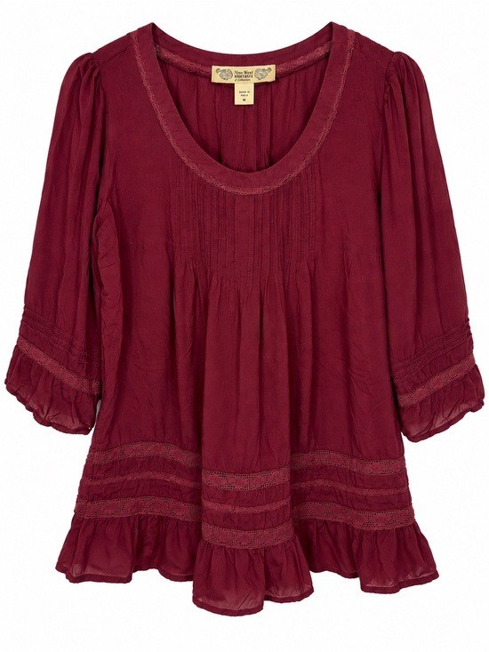 Nine West Vintage America Collection Blouse Medium Burgundy Lace Boho 3/4 Sleeve