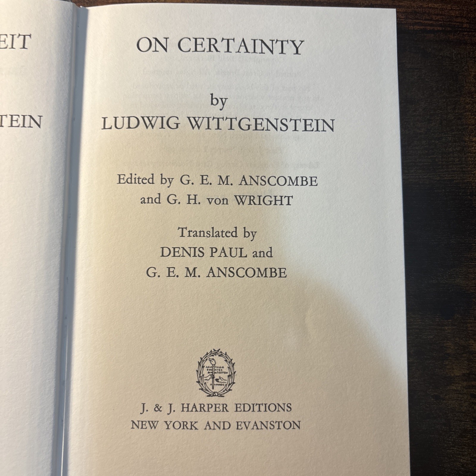 On CERTAINTY BY LUDWIG WITTGENSTEIN 1969 HC J&J Harper First Edition Bilingual