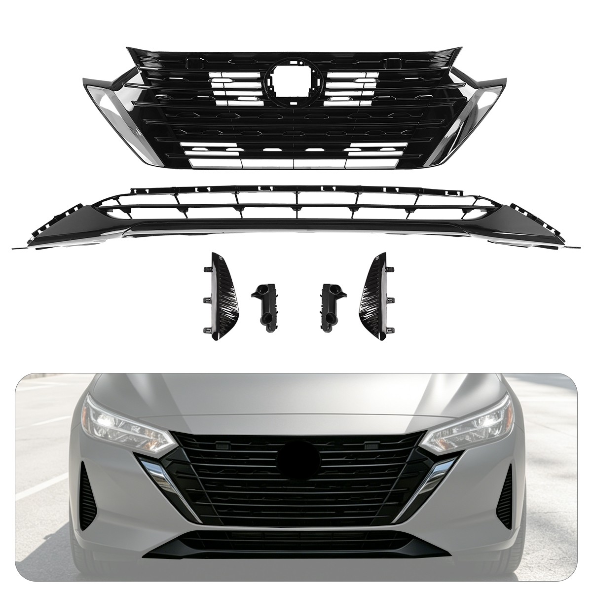 6PCS Upper Lower Grille+Fog Light Cover+Bracket For Nissan Sentra S SV 2024 2025
