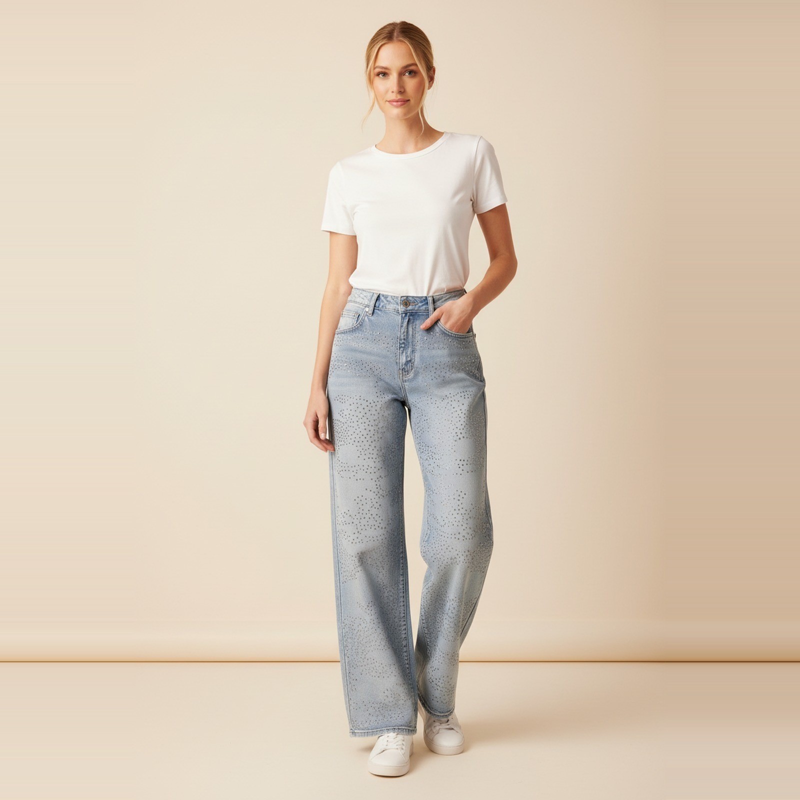 American Bazi NWT Rhinestone Wide Leg Jeans Womens M Light Wash RJH-21203 Bling