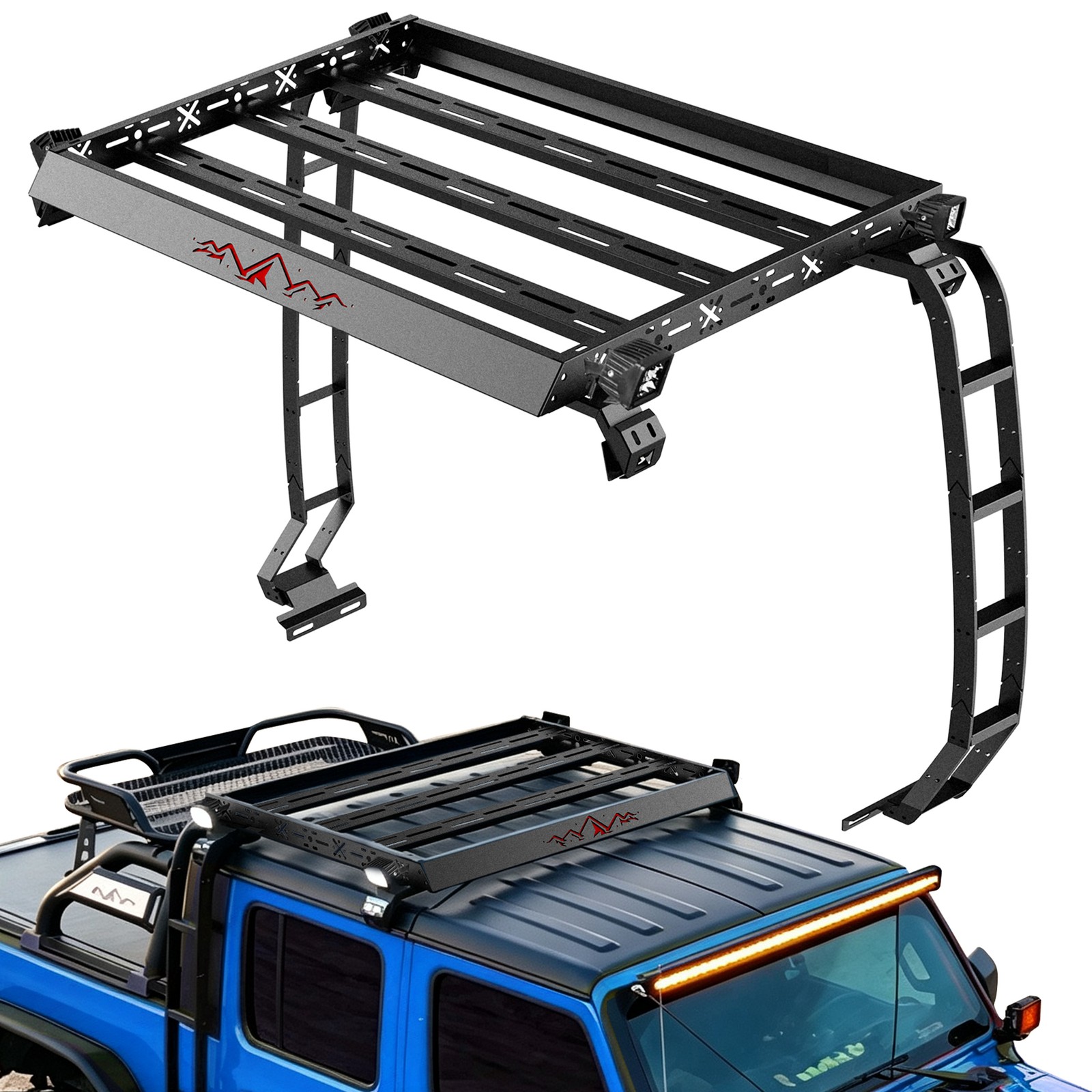 Roof Rack Cargo Basket For 2020-2026 Jeep Gladiator JT 4DR W/LED Lights Ladders