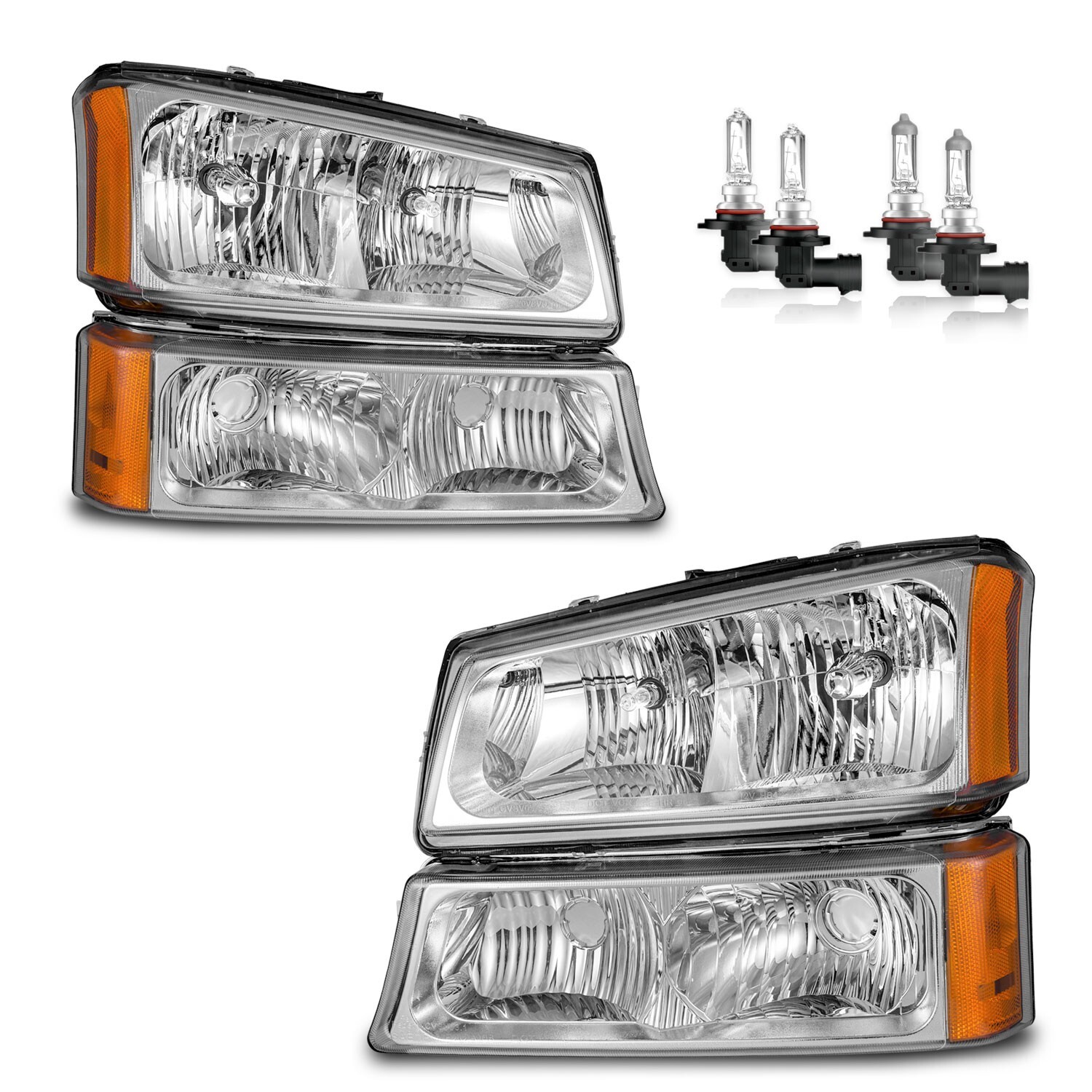 Pair Headlights+Bumper Lamps For 2003-2006 Chevy Silverado Avalanche w/Bulbs