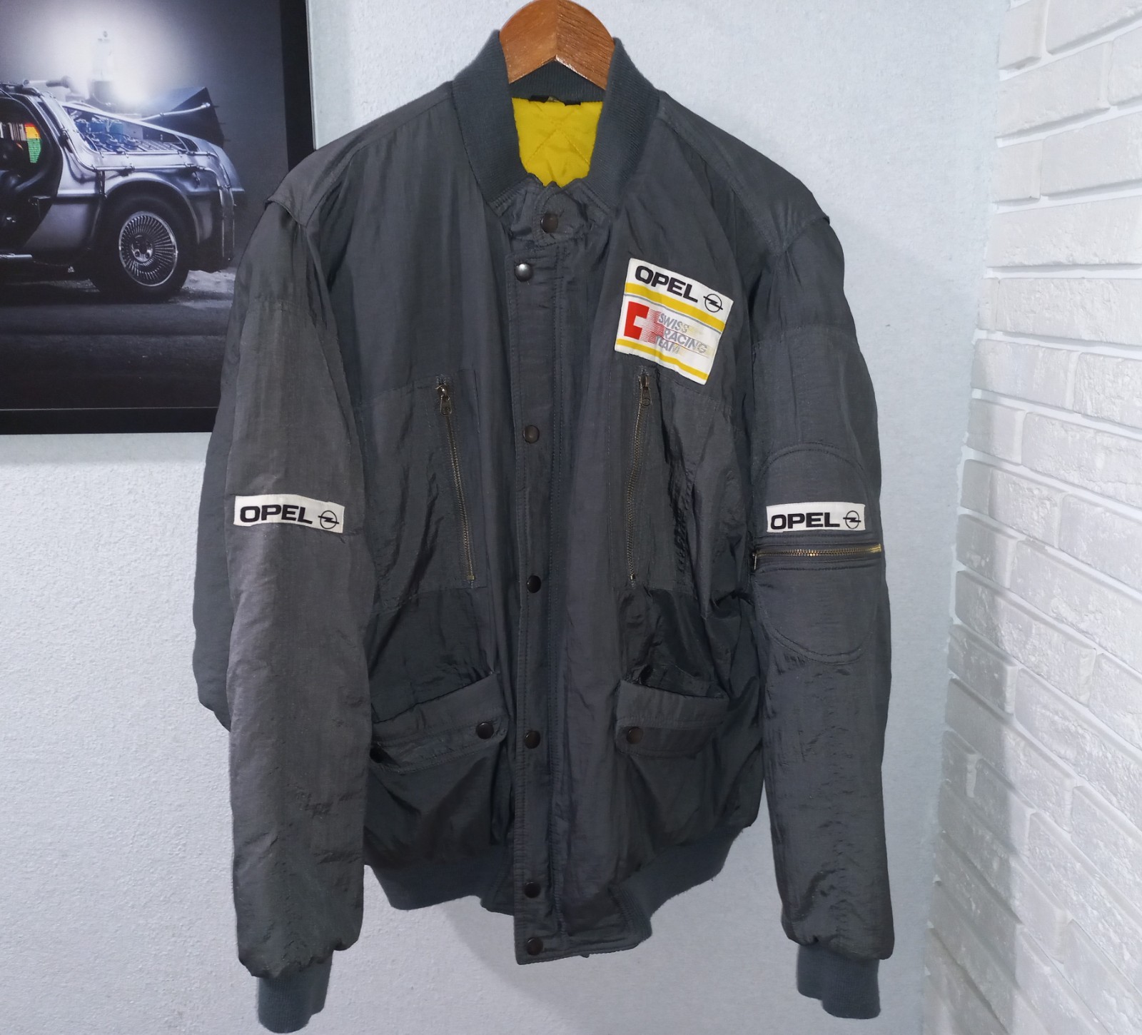 Vintage 1988-90 Opel Swiss Racing Team Bomber Jacket Size L Gray/Yellow