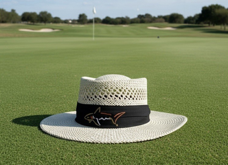 Greg Norman Signature Straw Hat w/ Embroidered Shark Logo Black Band - Natural