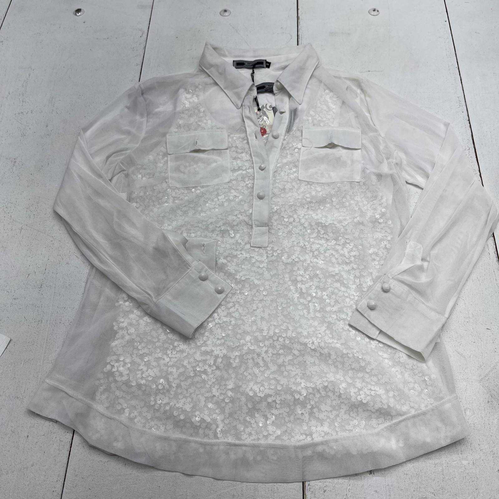 Zashi Blouse Womens Small White Sequin Sheer Collared Long Sleeve Tunic Top