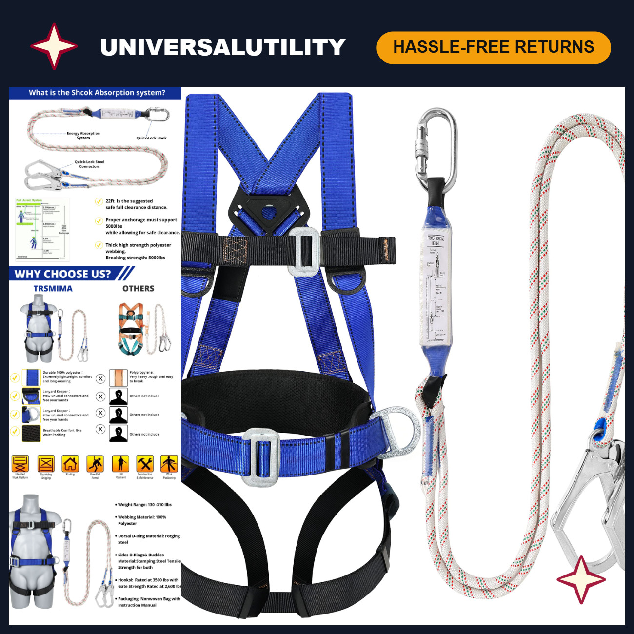 Safety Harness Fall Protection Kit - Roofing & Construction Work Gear, Adjustabl Safety Harness Fall Protection Kit - Roofing & Construction Work Gear, Adjustabl