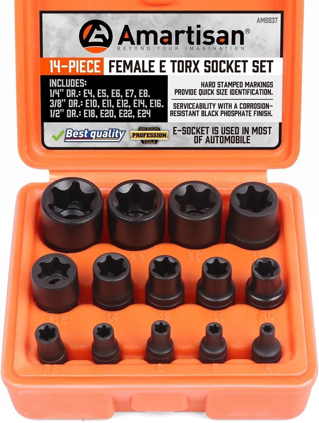 Amartisan 14 Pc Female E-Torx Star Socket Set/Rail, 1/4\