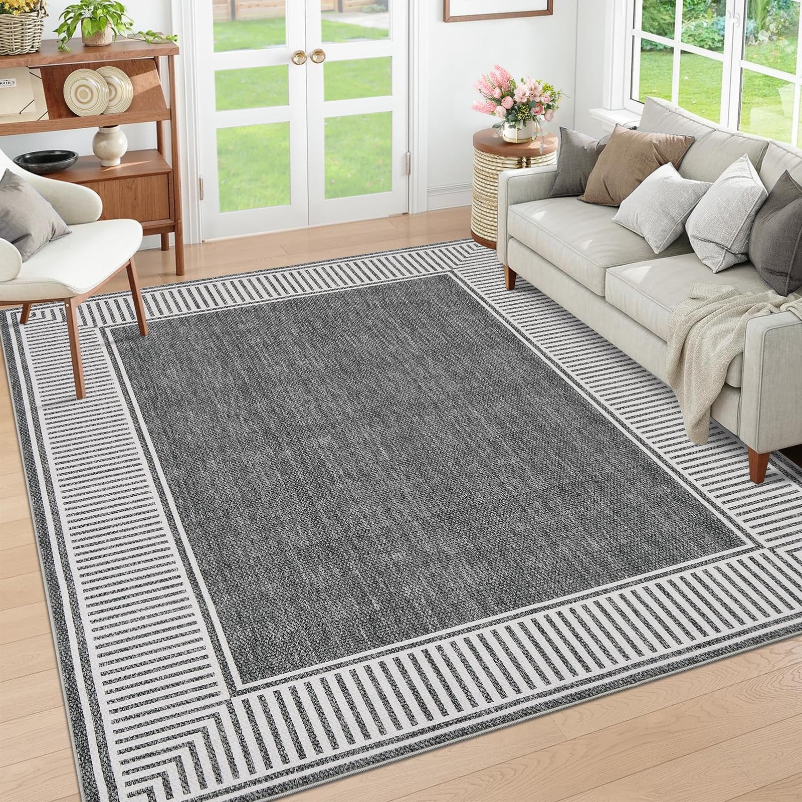 GarveeHome 8x10 Modern Striped Border Area Rug Grey
