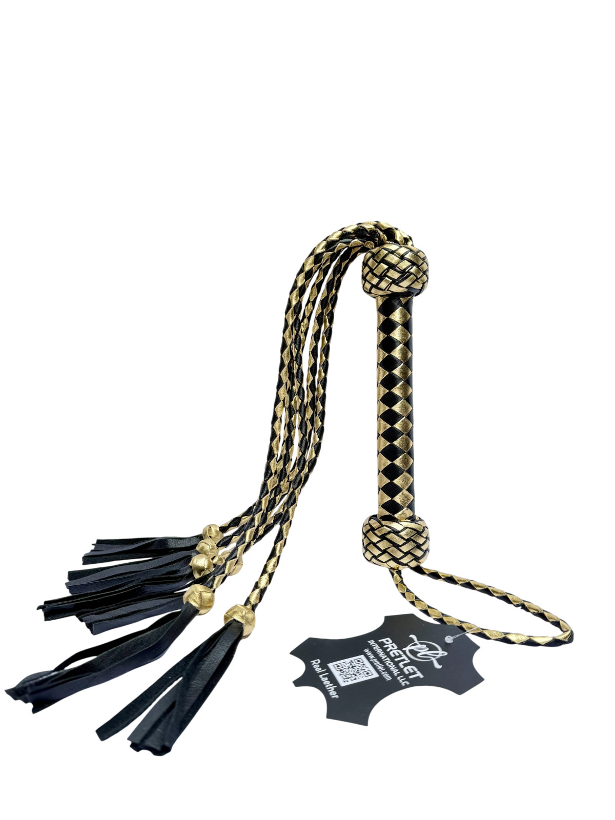Hand Braided Cowhide Leather Flogger Black Gold Tassel Handle Handmade Premium