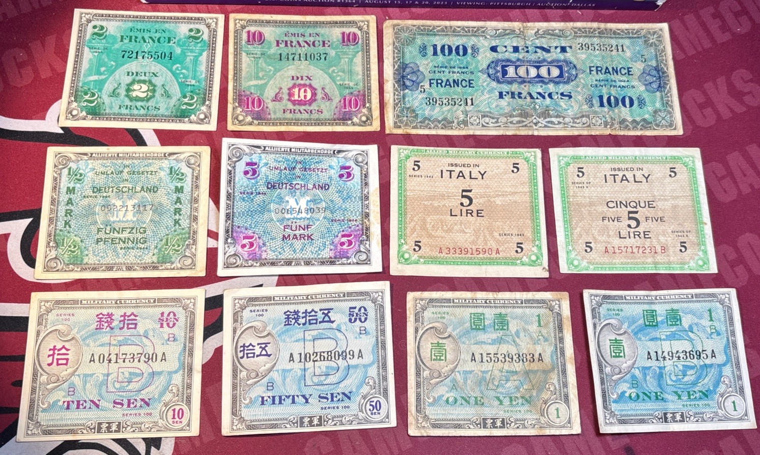 1944 World War II Allied Military Currency 11 Lot France, Germany, Italy & Japan