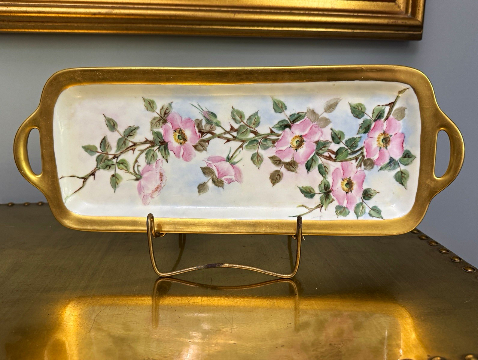 Antique B&C Limoges France Hand Painted Tray, Pink Wild Roses Porcelain Vanity