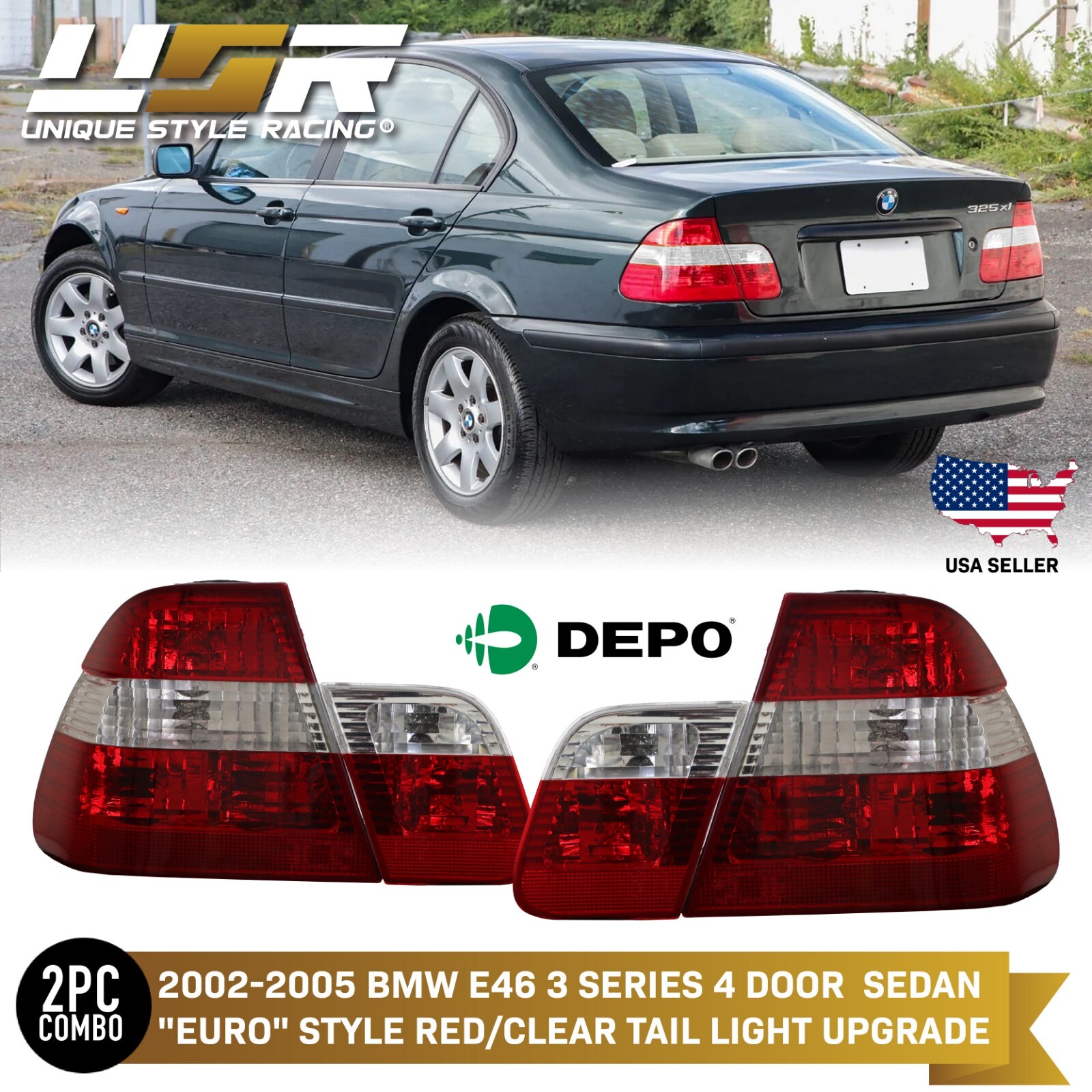 DEPO OE Euro Red/Clear 4PCS Rear Tail Lights For 02-05 BMW E46 3 Series 4D Sedan DEPO OE Euro Red/Clear 4PCS Rear Tail Lights For 02-05 BMW E46 3 Series 4D Sedan