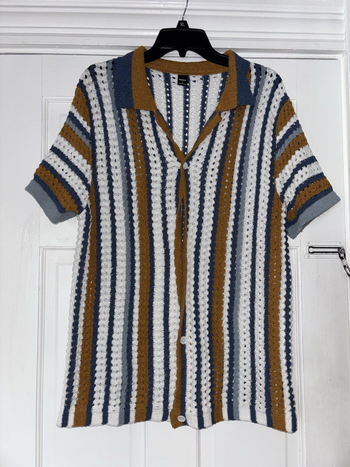 Shein Manfinity XL Striped Crochet Knit Shirt Button Front Short Sleeve Shein Manfinity XL Striped Crochet Knit Shirt Button Front Short Sleeve