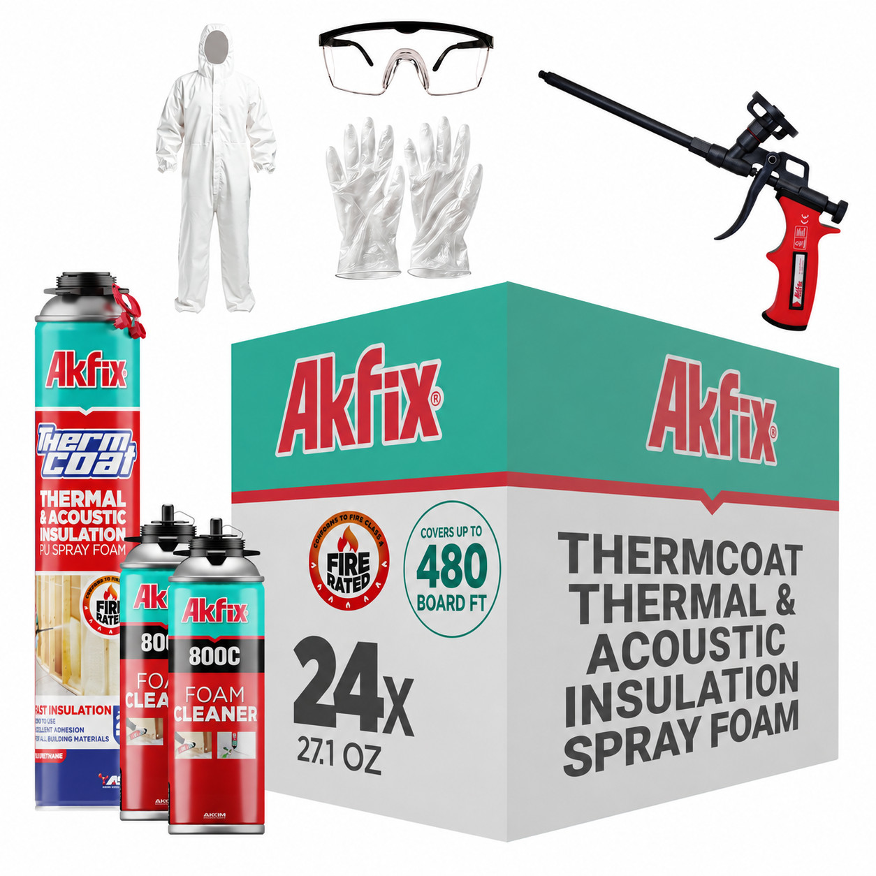Akfix Closed Cell Expanding Spray Foam Insulation Kit Fire Rated 480Sq Ft 24Pk