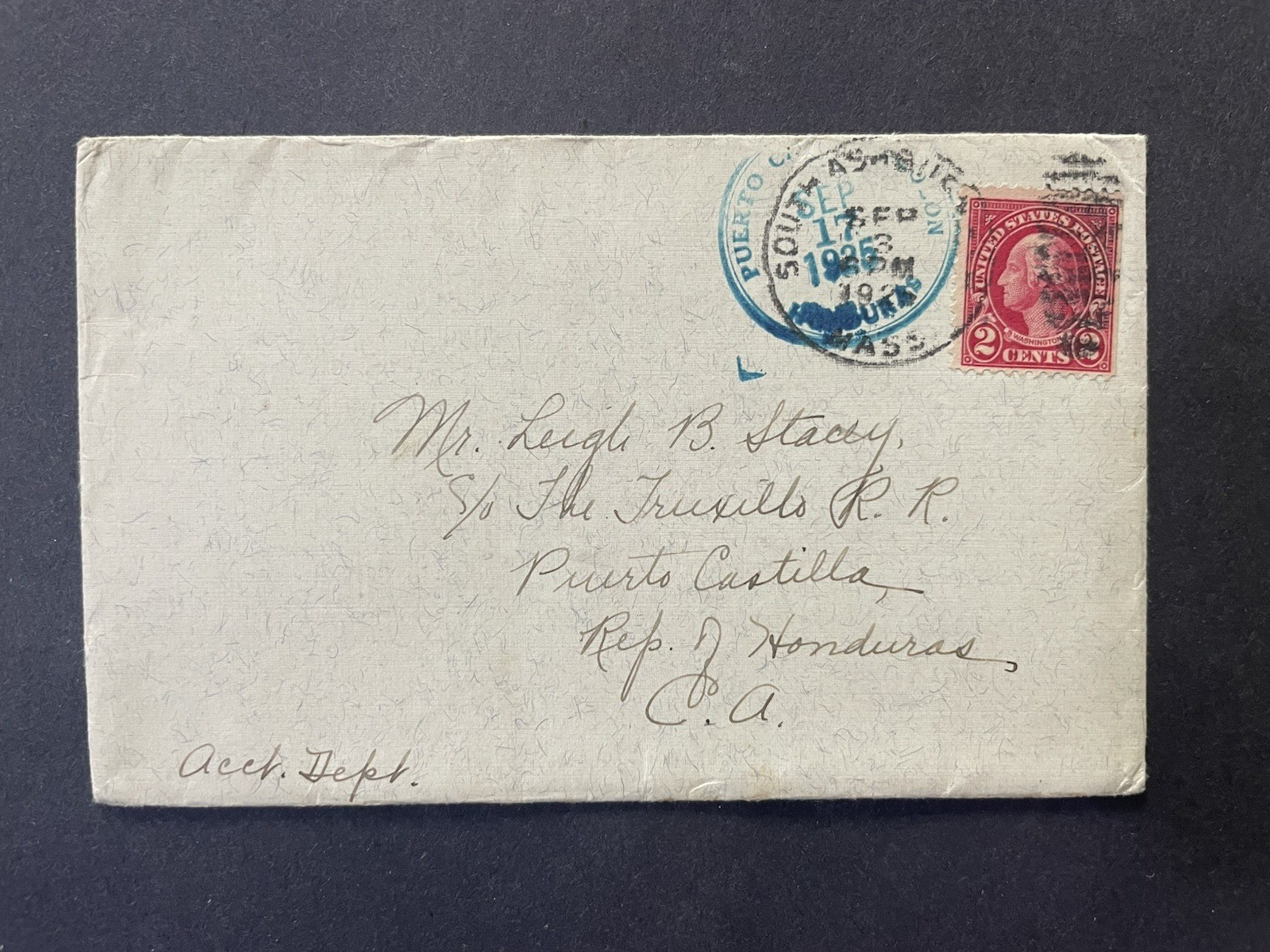 1925 South Ashburnham MA to Truxillo RR Puerto Castilla Honduras Cover