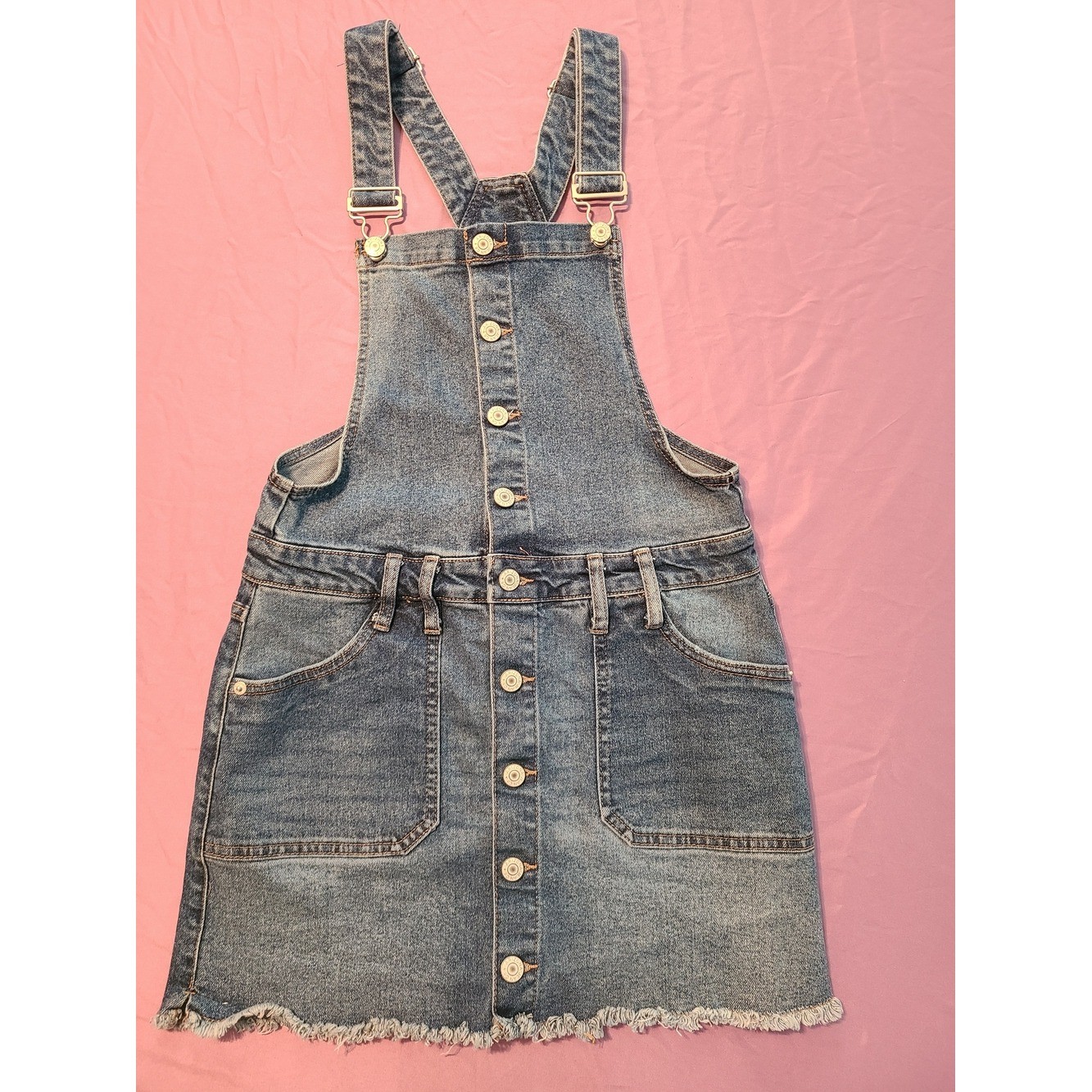 Arizona Jean Co Blue Denim Overall Dress Button Front Frayed Hem Medium Wash M
