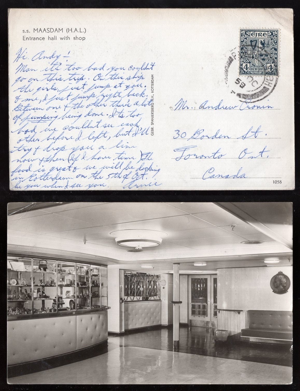 IRELAND Stamps 1959 Paquebot Cobh Real Photo Postcard to Canada; Ship SS Maasdam