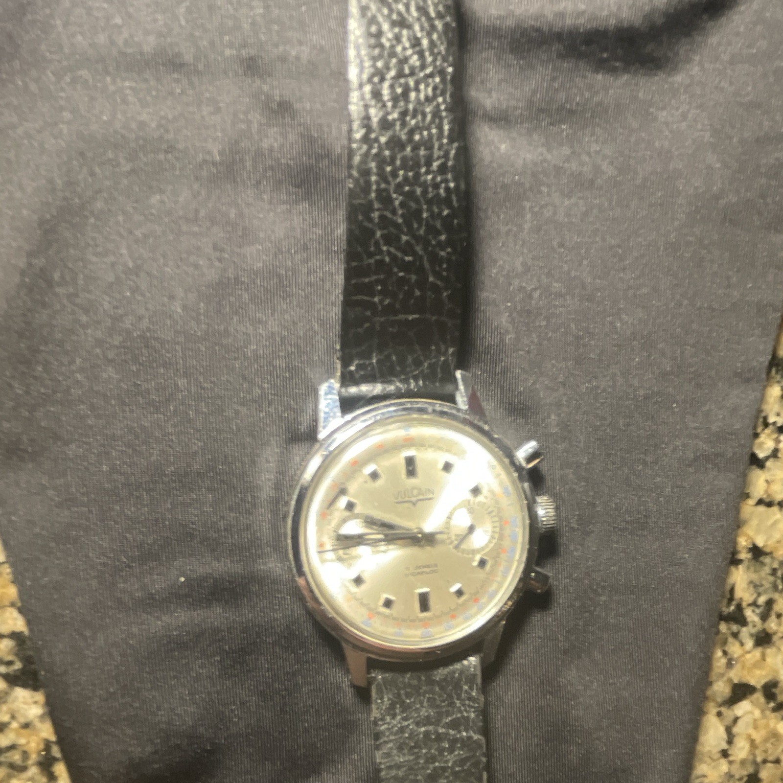 Vulcain Swiss Made Manual-Wind Chronograph Vintage SS Silver Dial Black Strap