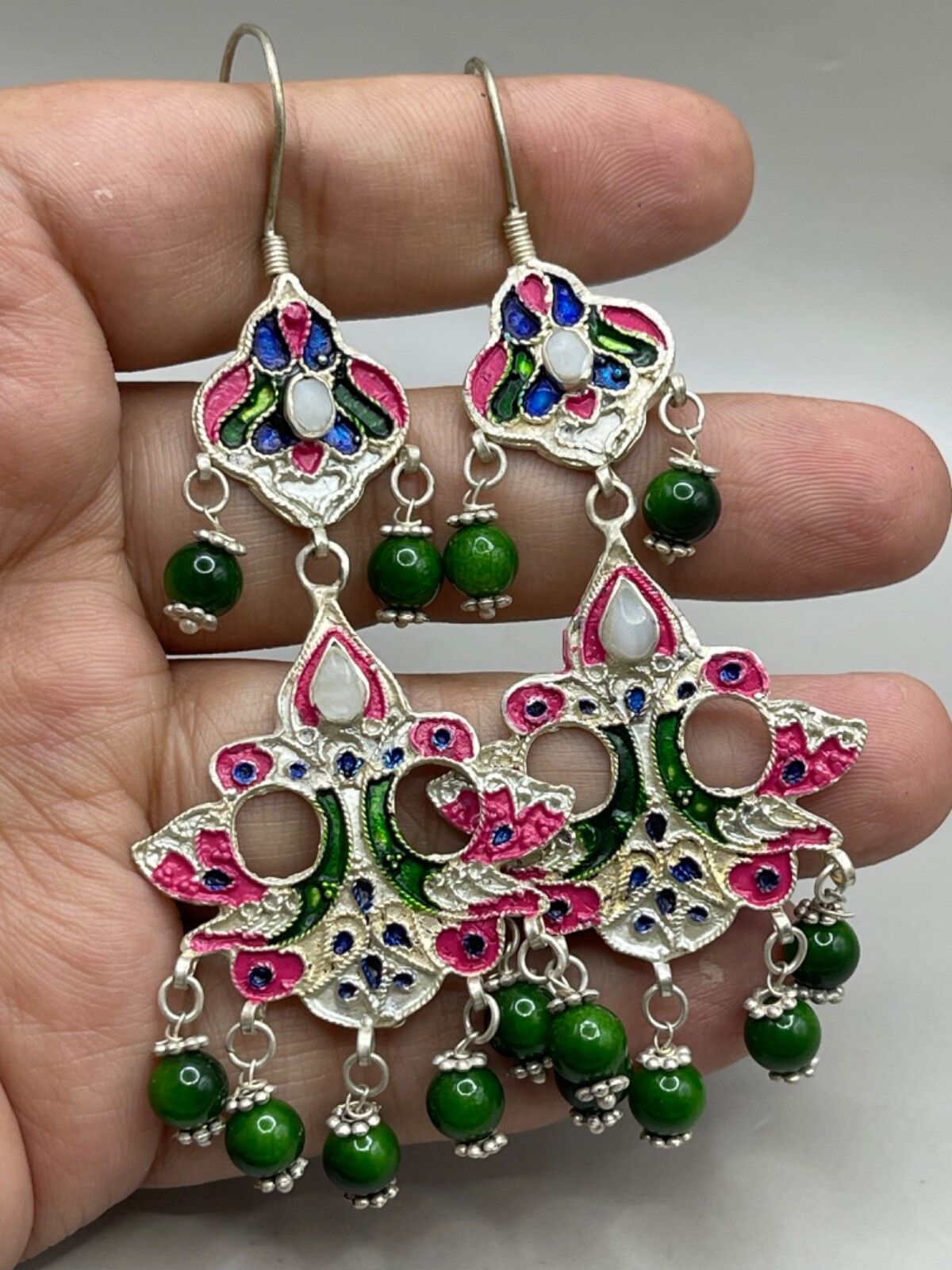 Beautiful Antique Old Silver Handmade Earrings With Enamel Art