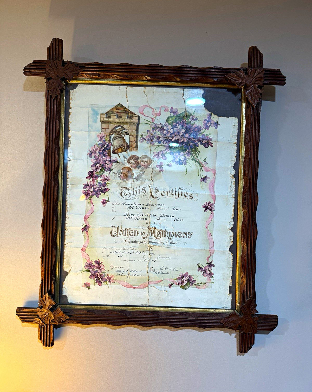 Antique Tramp Art Frame w/ 1917 Ohio Victorian Marriage Certificate Folk Art Antique Tramp Art Frame w/ 1917 Ohio Victorian Marriage Certificate Folk Art