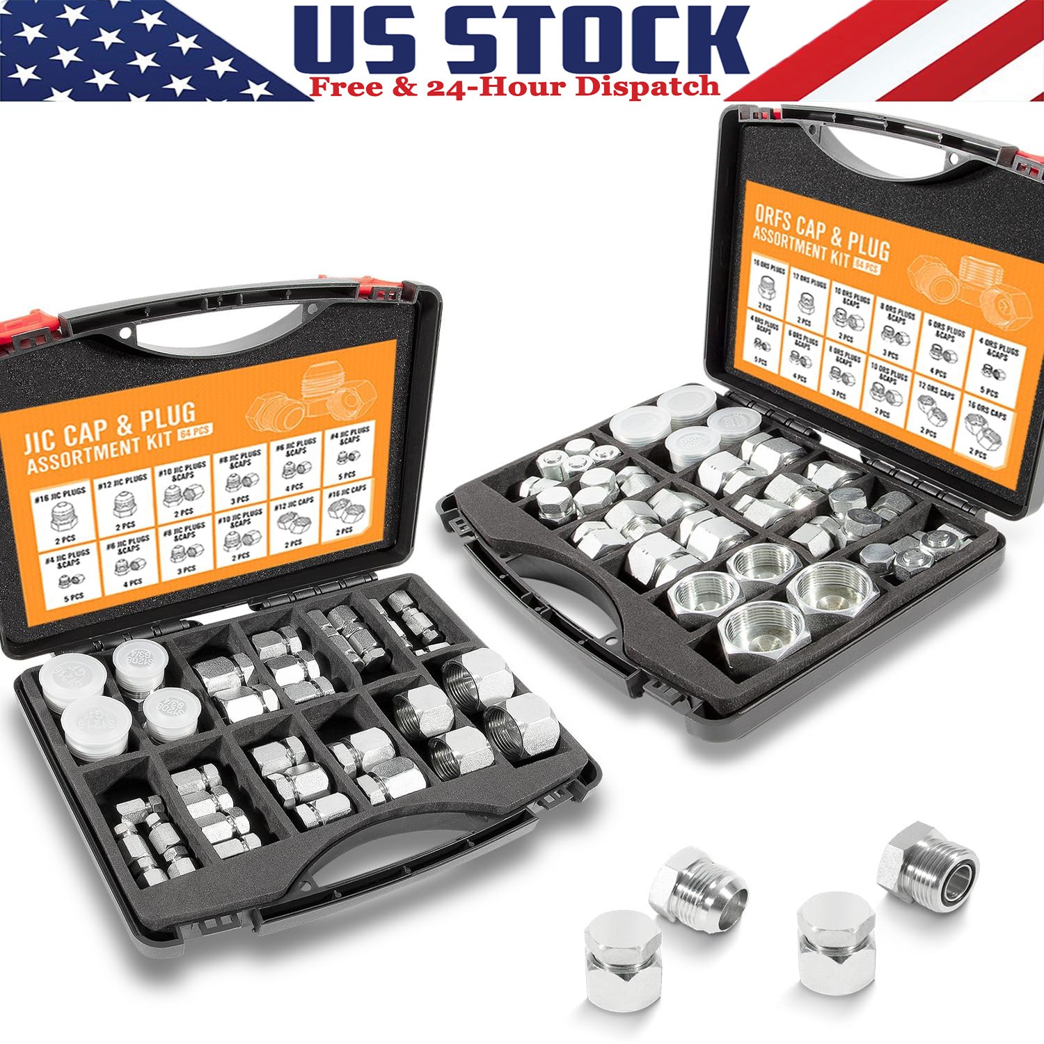128PCS JIC & ORFS Hydraulic Cap & Plug Hose Tube Pipe Fitting Kit Cap & Plug Kit