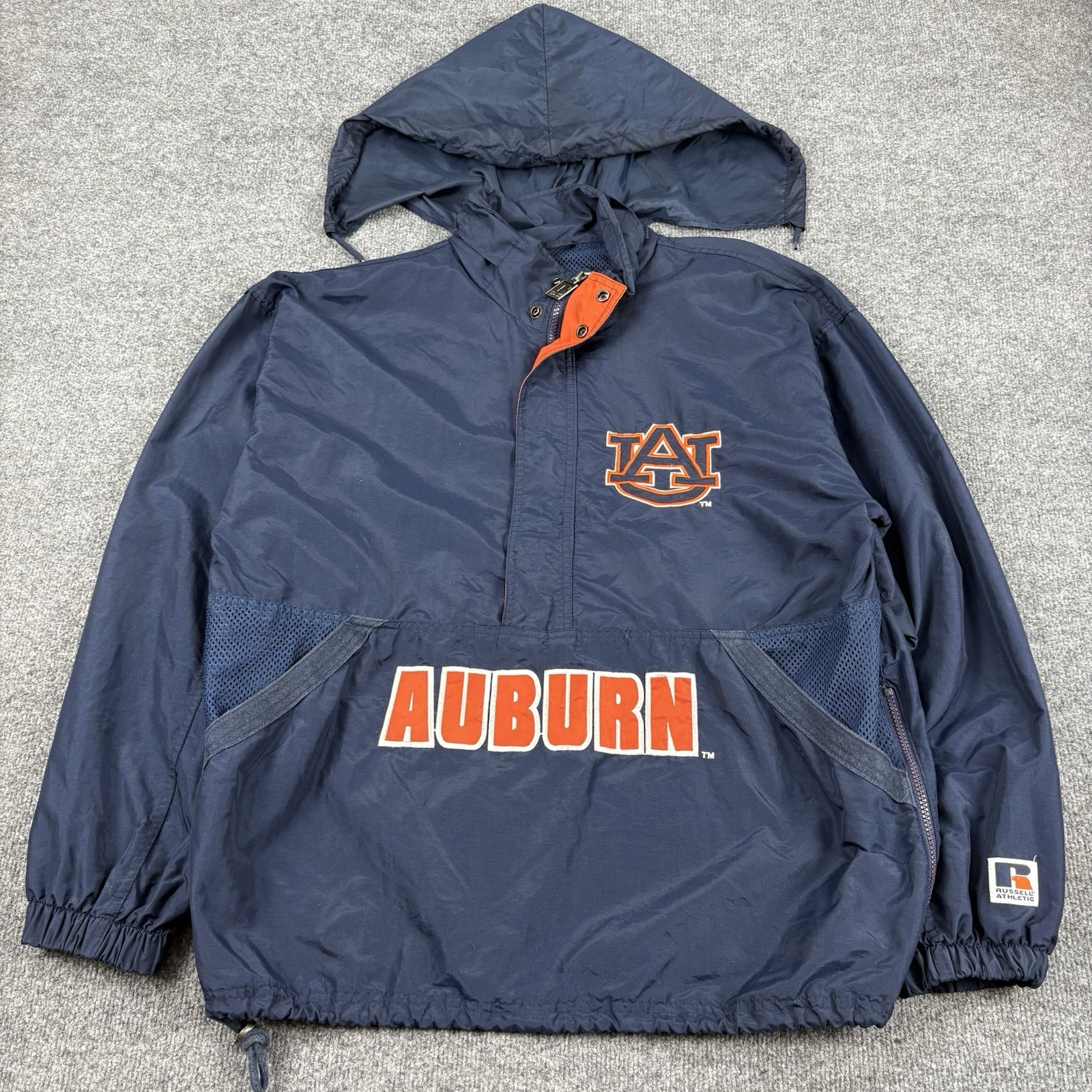 VTG Auburn Tigers Jacket Mens Med Windbreaker Hood Russell Athletic 90s NCAA SEC
