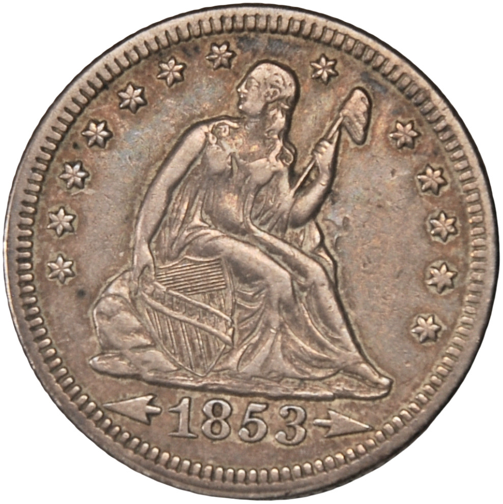 1853 Seated Liberty Quarter 25C Arrows and Rays AU Toned