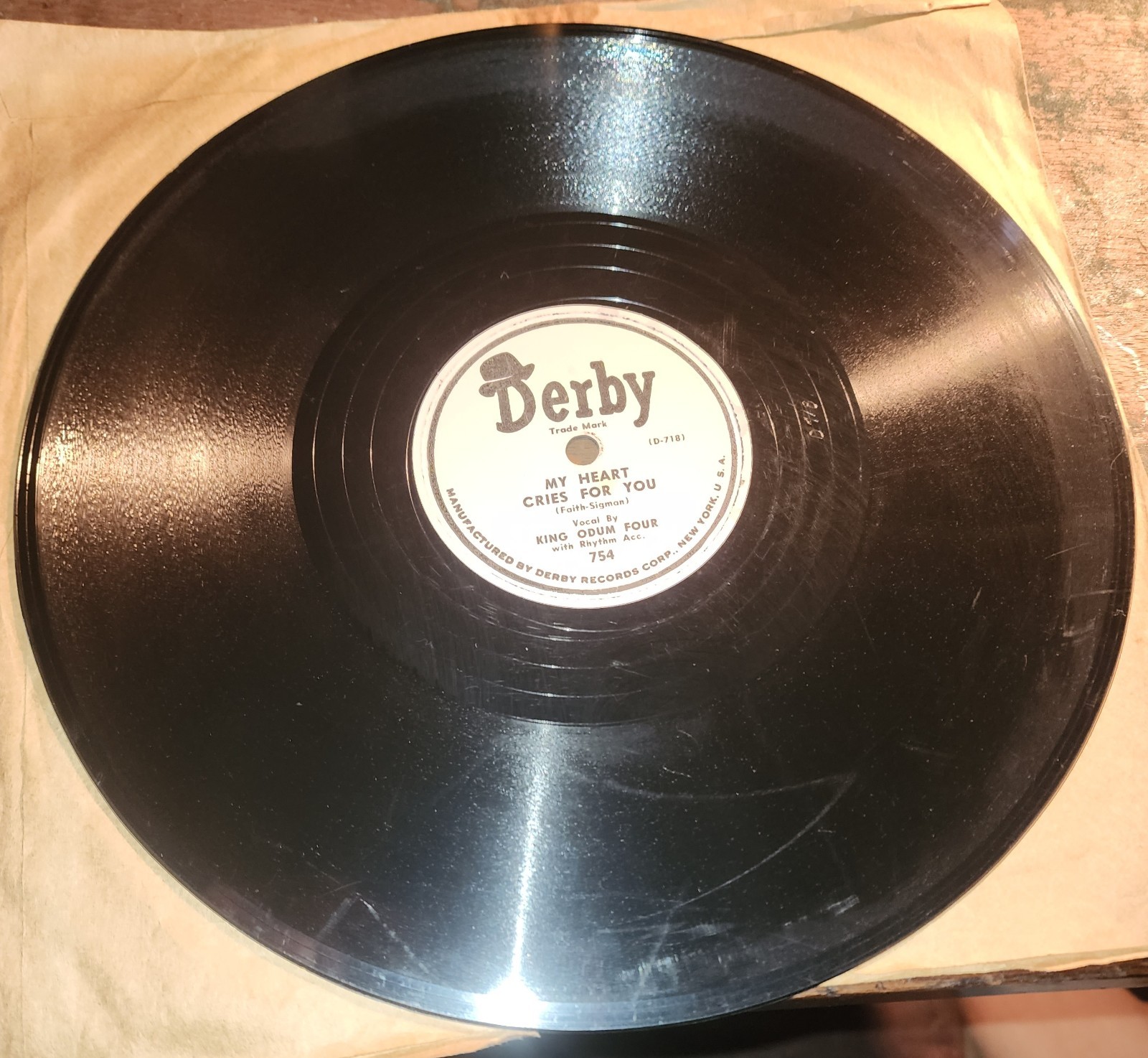 🎙UNPLAYED 1951 King Odom Four Derby 754 78 RPM Label Error Misspell History VG+