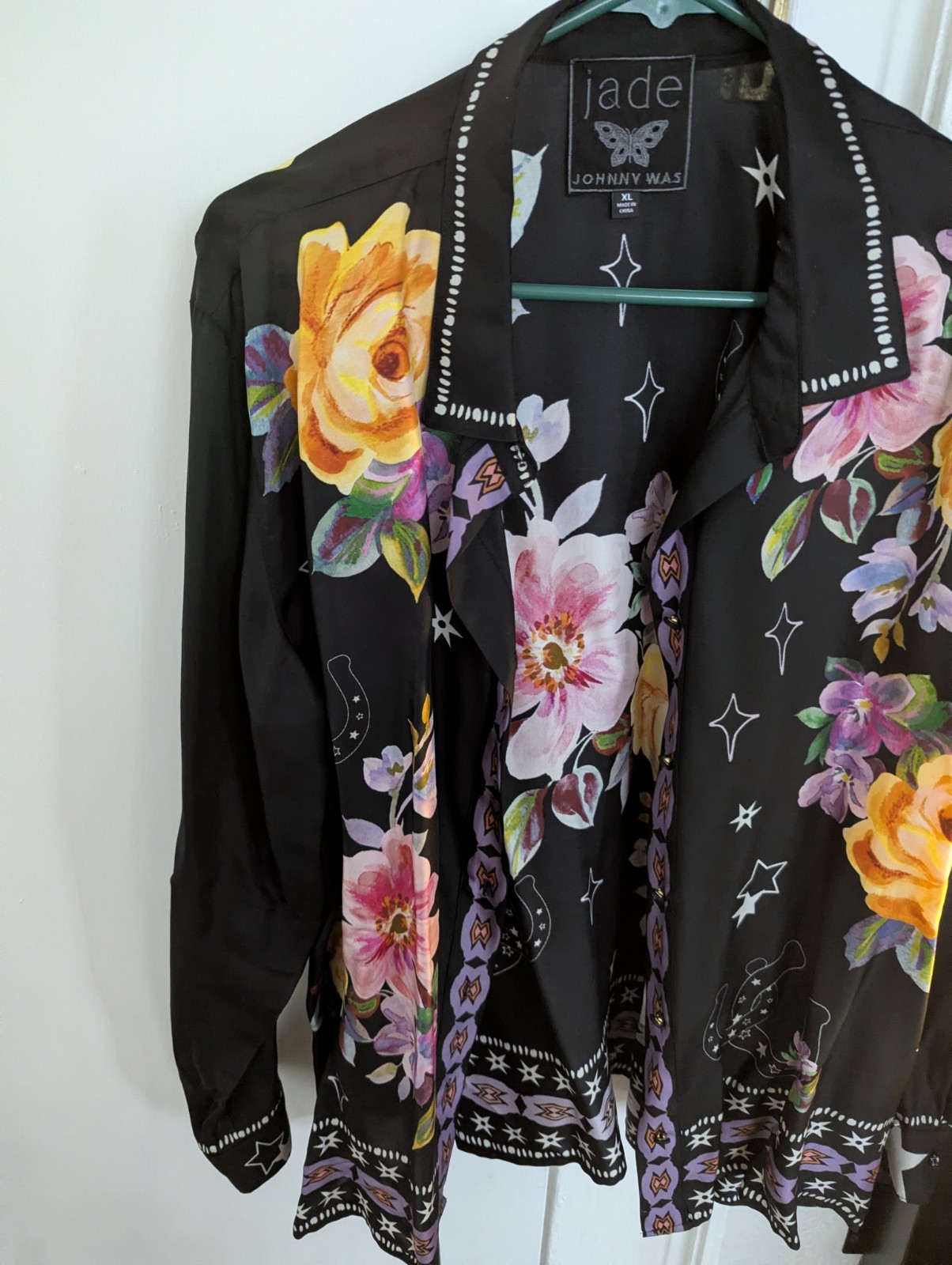 Johnny Was Jade Silk Floral Sheer Button Down Xl.  Black Floral Blouse