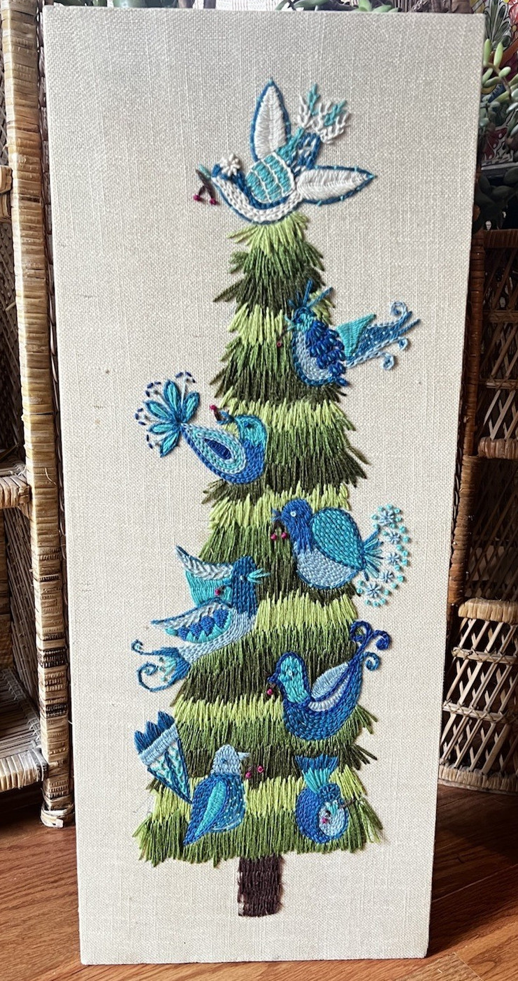 Vintage Paragon Bluebird Fir Tree Crewel Embroidery Wall Hanging MCM Complete