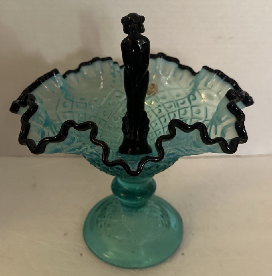 Rare Fenton Bowl With Nymph Teal, Irdecent Spanish Lace 9 1/2” Tall