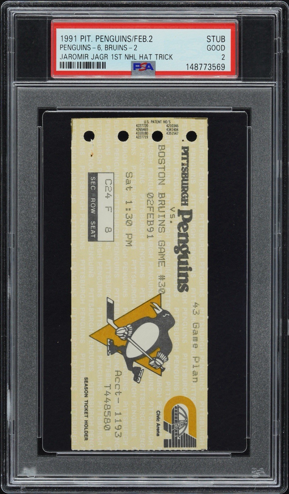 Future HOF Jaromir Jagr 1st Career Hat Trick, PSA 2, 2/2/91 Stub, Highest Grade
