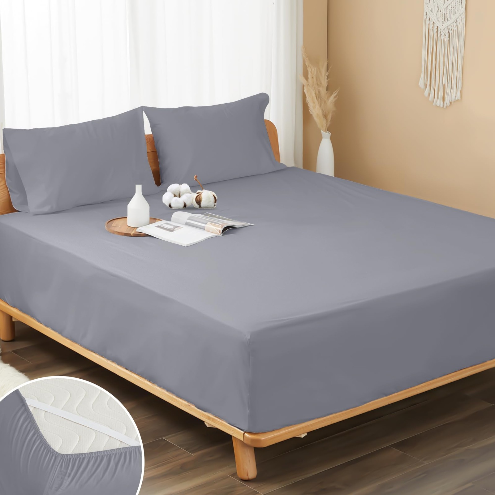 HOMTEC California King Fitted Sheet 100% Cotton Percale Deep Pocket Cooling Brea
