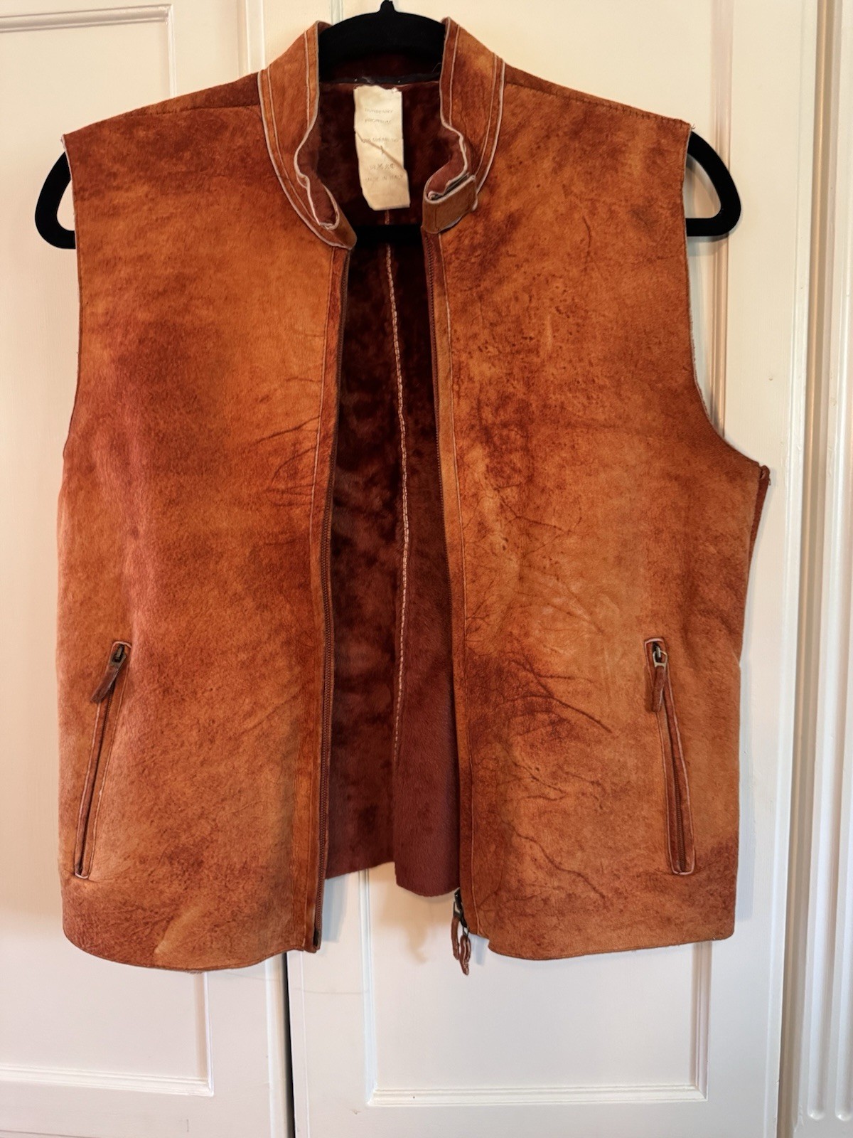 Vintage Burberry Rust Orange Sheep’s Shearling Lined Suede Zip Vest M Made Italy