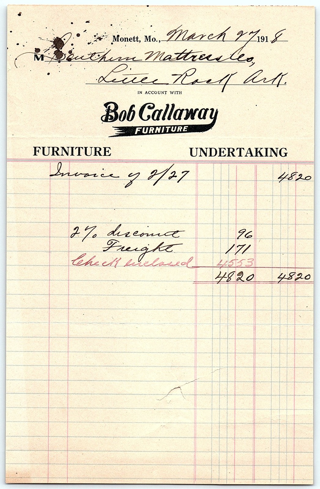 1918 Bob Callaway Furniture Undertaking Billhead Invoice 1918 Bob Callaway Furniture Undertaking Billhead Invoice