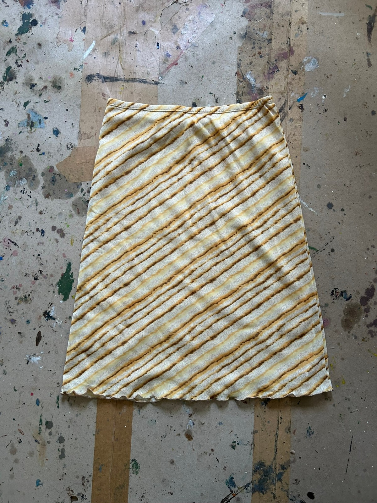 Vintage Gabrielle 90s Y2K Striped Mesh Midi Knee Length Skirt Yellow Brown USA L
