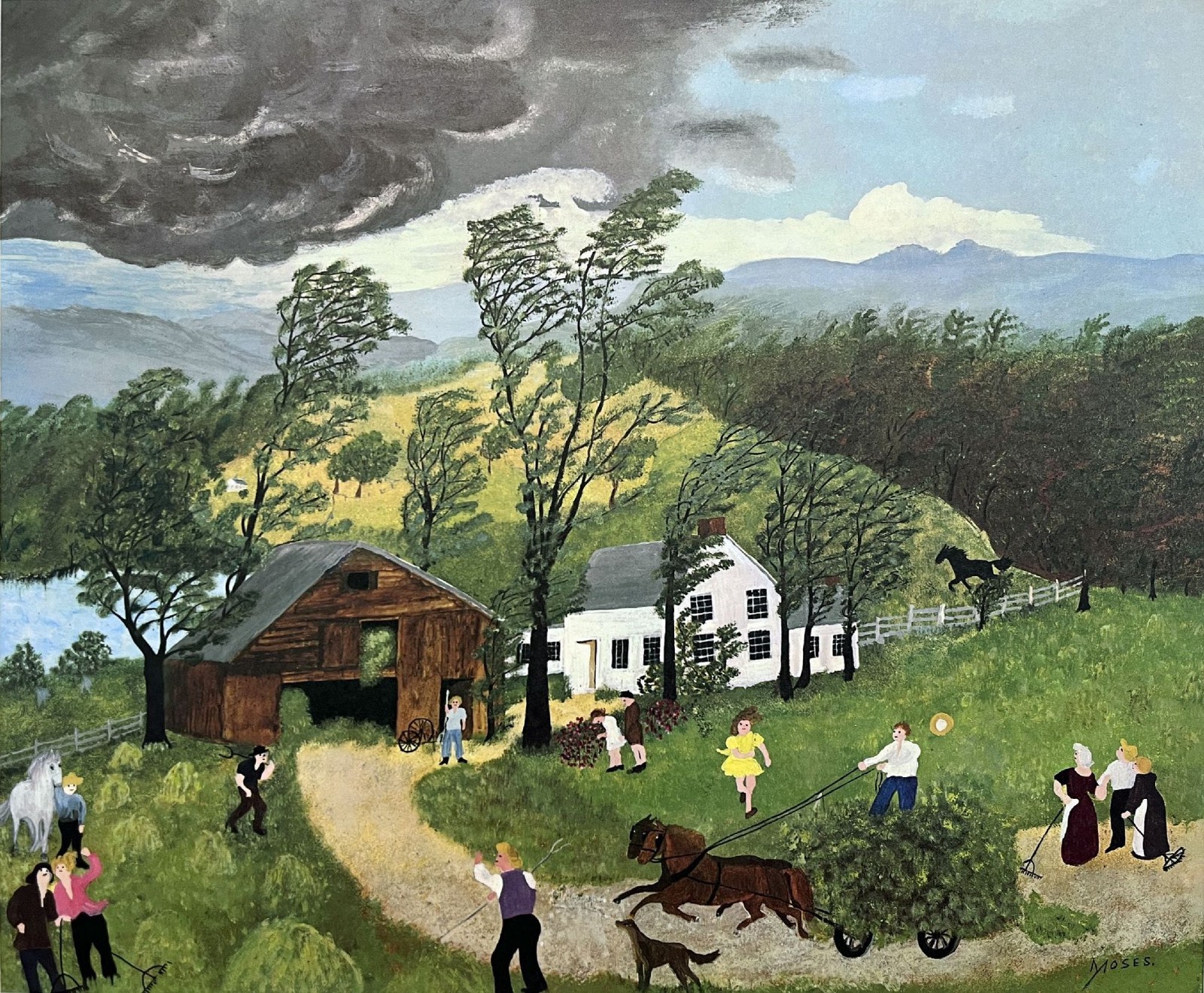 Grandma Moses (Handmade) Signed Oil Painting on Canvas 16x24 in Naif Art..