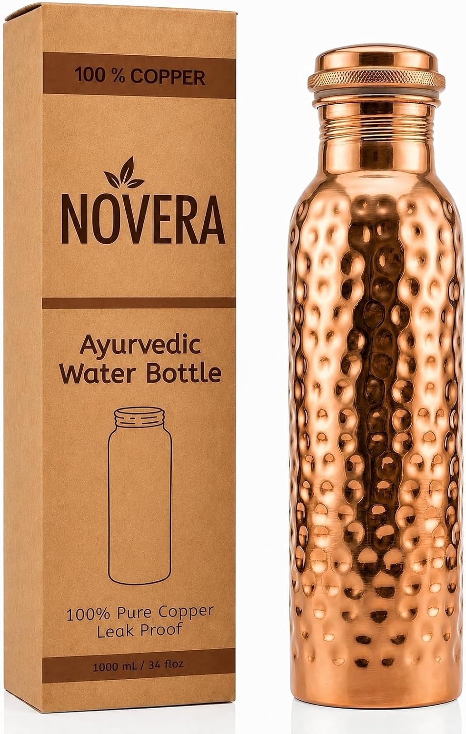 34oz Pure Copper Water Bottle - Handmade Hammered Finish - Ayurvedic Health USA