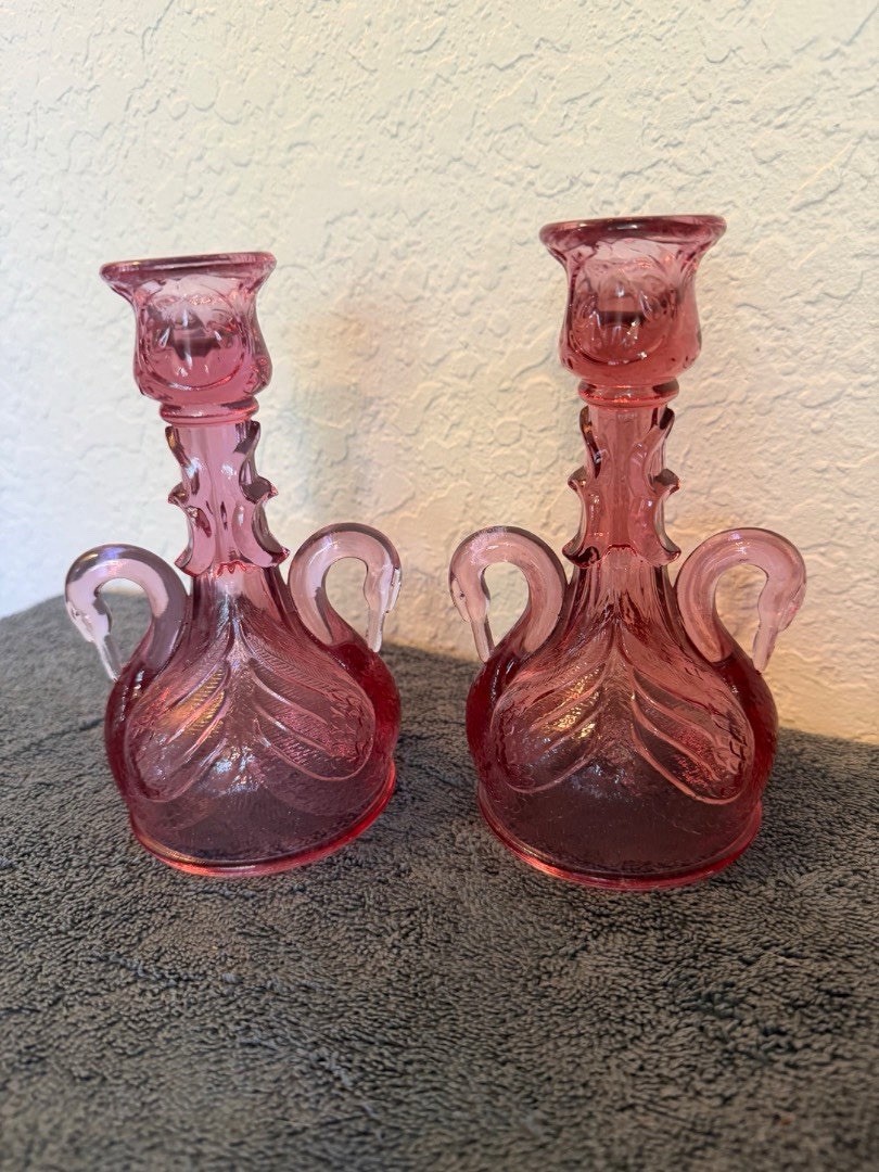 Two Vintage Fenton Cranberry Pink Art Glass Swan Handle Candlestick Holders 6.5\