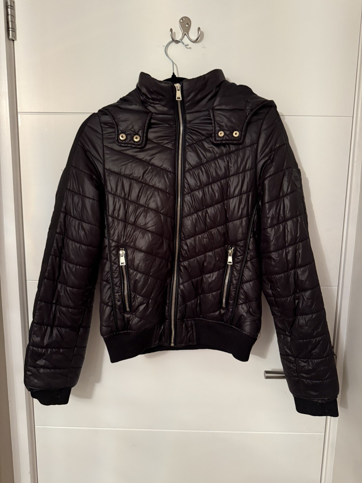 MODERN RIVER ISLAND BLACK PUFFER  BOMBER COAT JACKET WITH HOOD UK SIZE 8