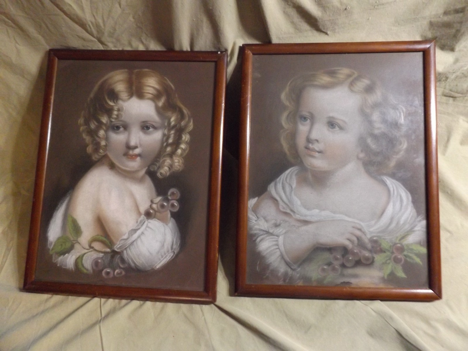 1821 Antique Pair Pastel Portrait Drawings SUSAN HAGER Lititz Seminary 12x16