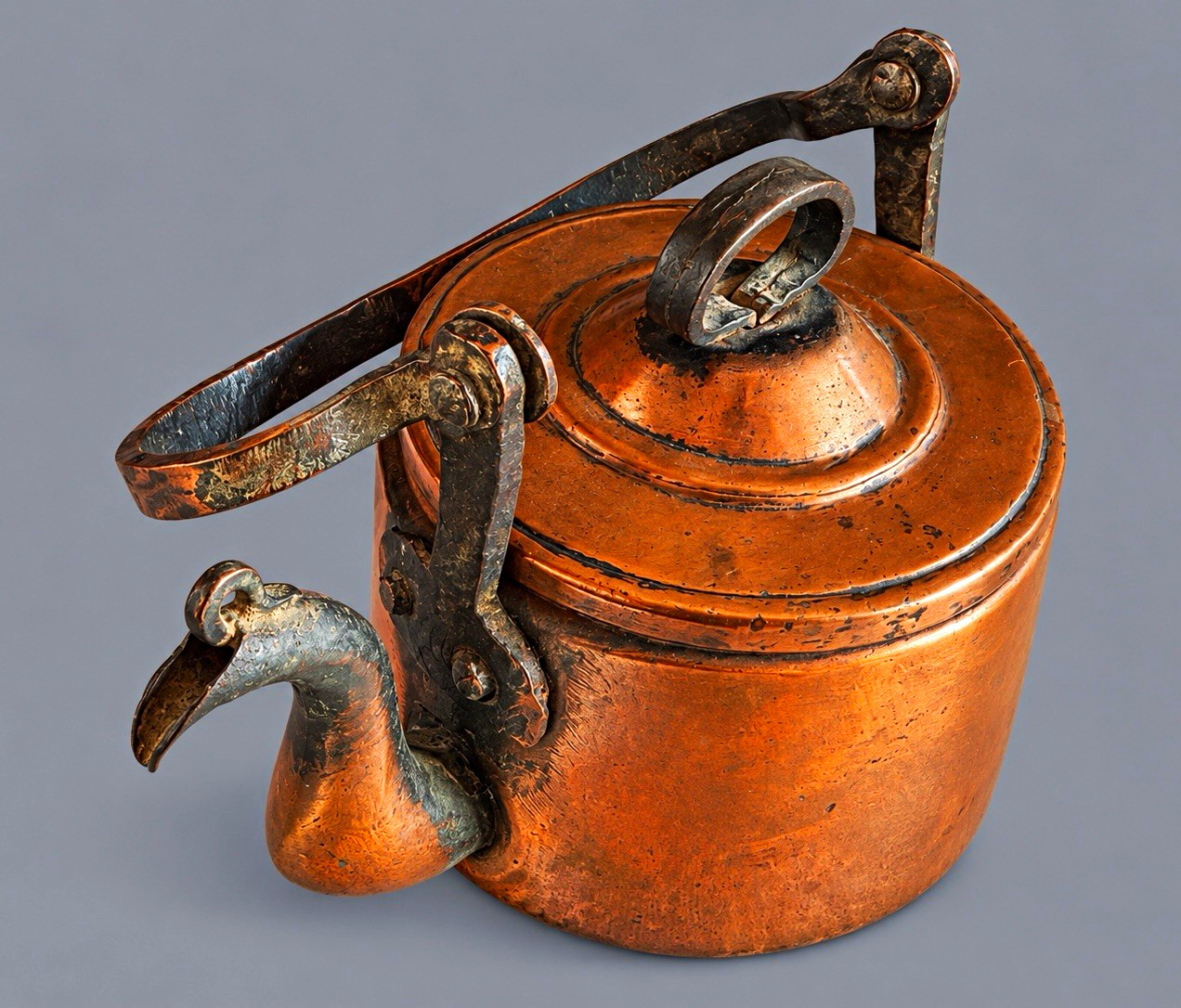 Antique 19th Century Hand Hammered Copper Tea Kettle w/ Swing Handle