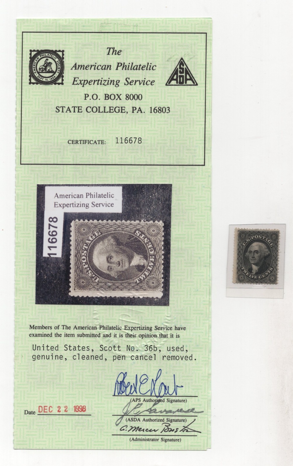 US 1859 SCOTT #36B USED WITH APS CERTIFICATE DESCRIBED 