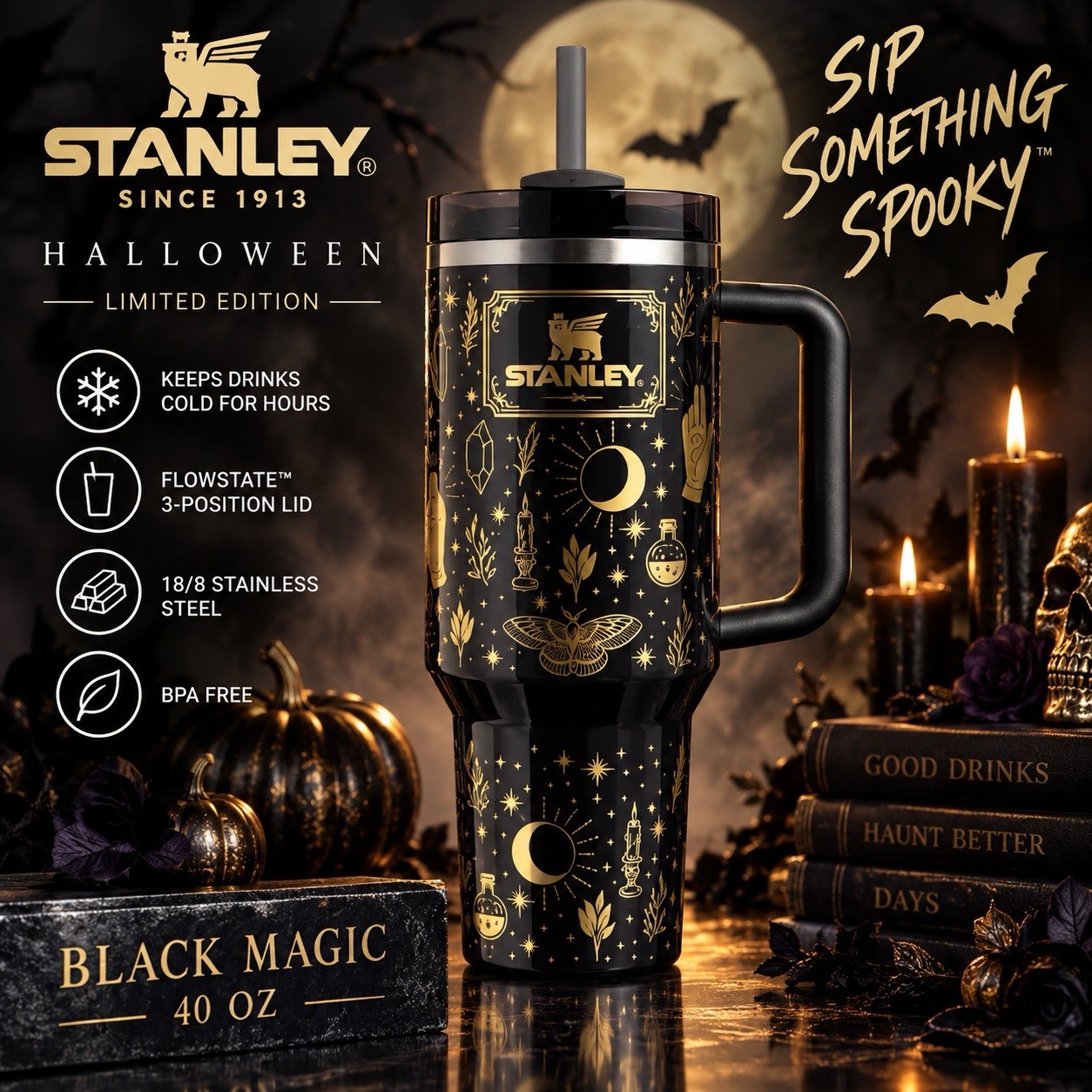 LIMITED EDITION STANLEY 40 OZ HALLOWEEN BLACK MAGIC QUENCHER FLOWSTATE TUMBLER