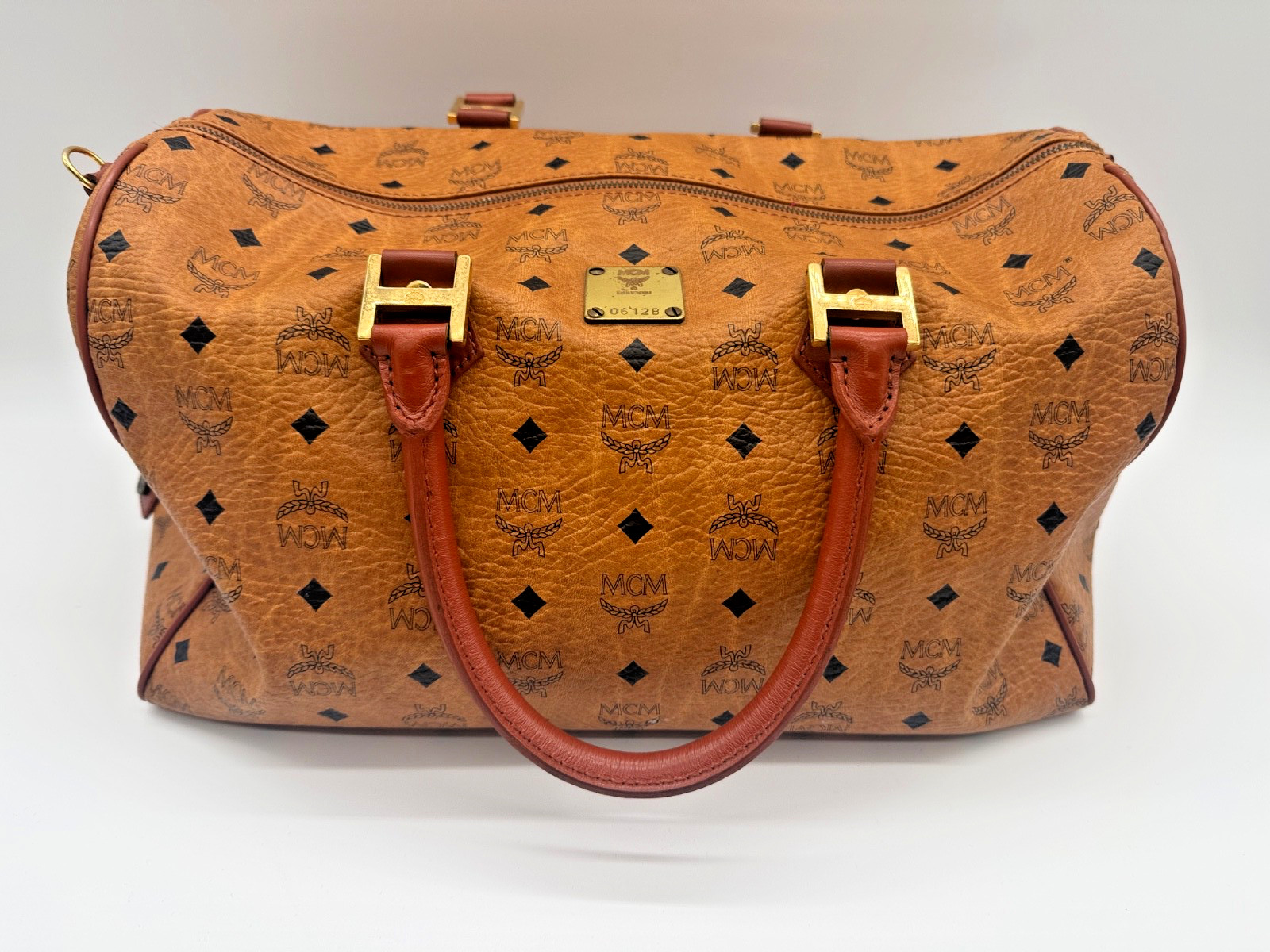 Vintage MCM Cognac Visetos Boston Bag Satchel Monogram Gold Hardware 0612B