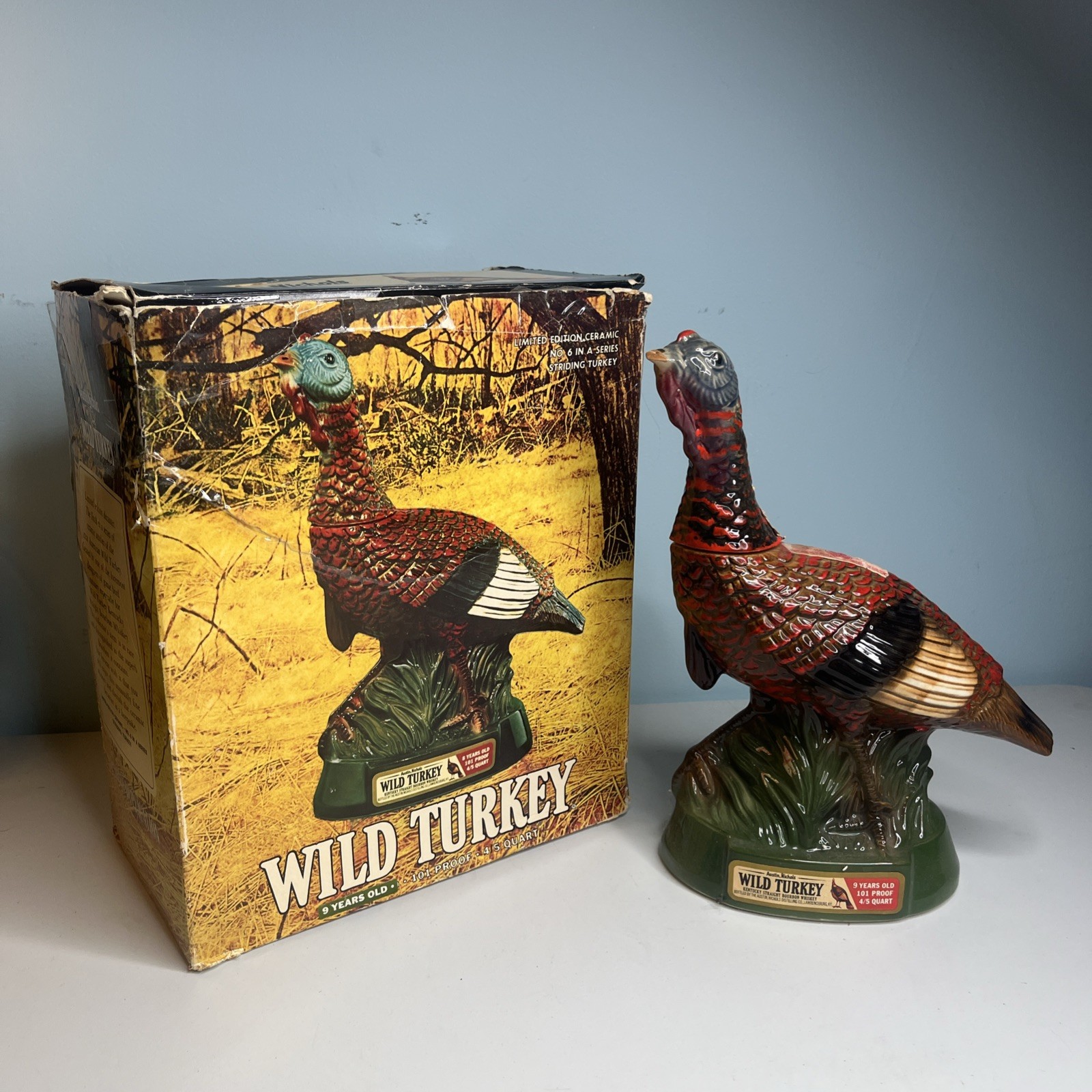 Vtg Austin Nichols Empty Wild Turkey Liquor Bottle 185 No. 6 Decanter & Box 1C