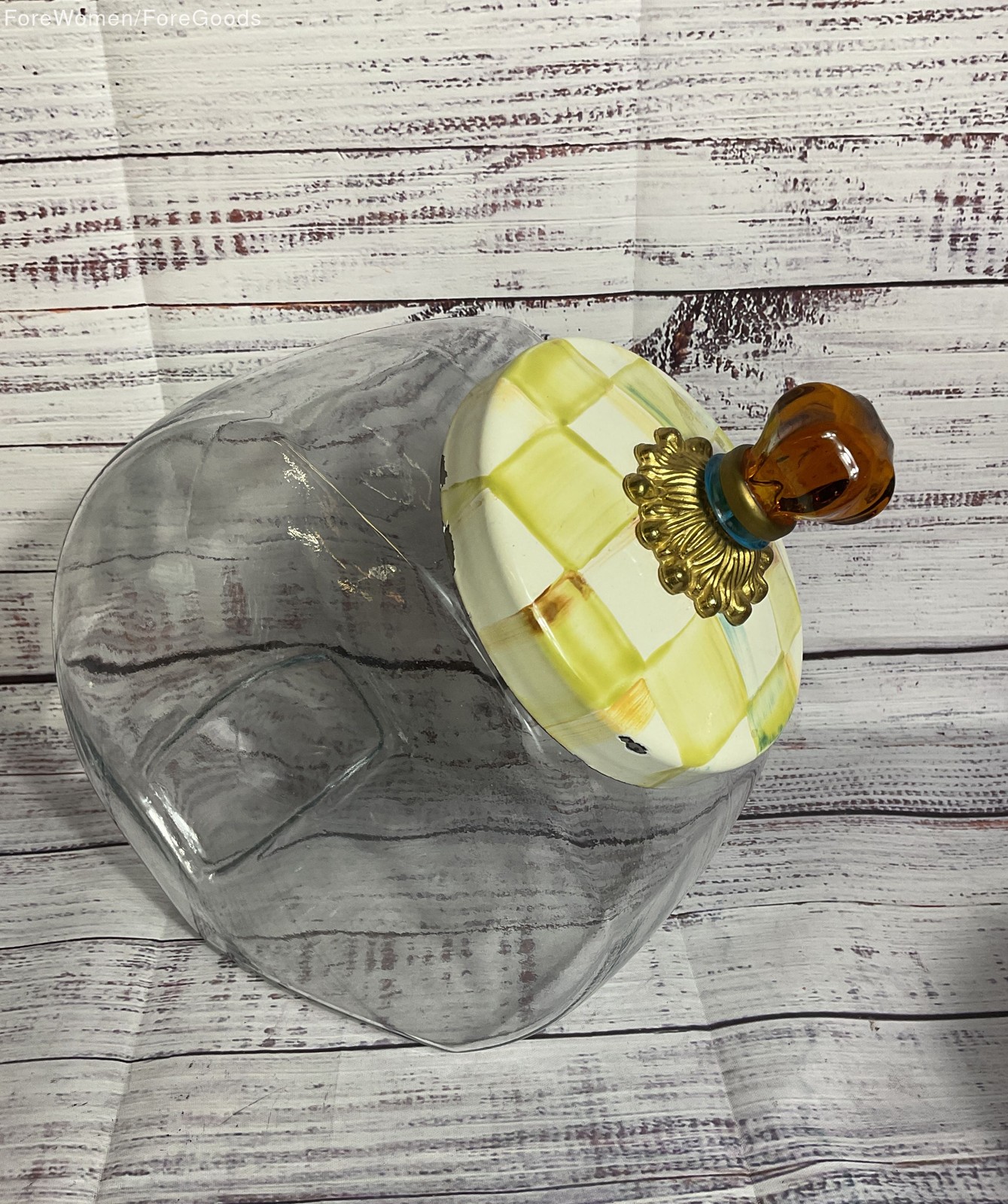 McKENZIE CHILDS Parchment Checkered Glass Cookie Jar- 11 McKENZIE CHILDS Parchment Checkered Glass Cookie Jar- 11
