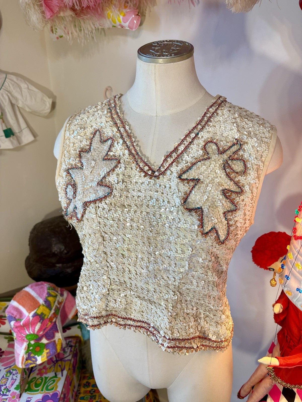 Vintage Antique White Iridescent Sequin V Neck Costume Top Vintage Antique White Iridescent Sequin V Neck Costume Top